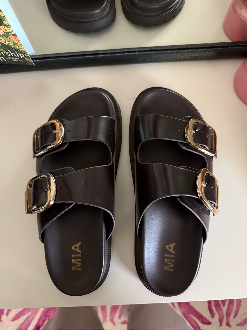 MIA Dark Brown Double-Buckle Slide Sandals with Gold Buckles
